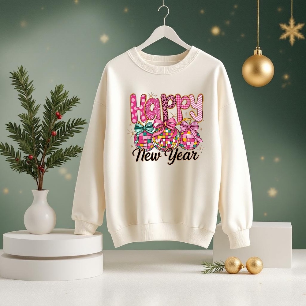 Happy New Year Pink Disco Sweatshirt White S M L XL New Checkers Polka dots - Picture 9 of 15